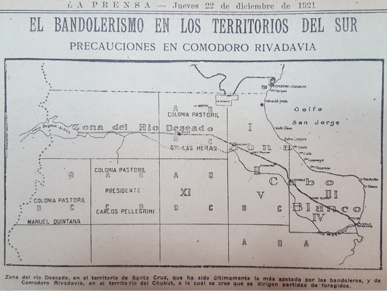 Plano del norte del
territorio de Santa Cruz publicado en La
Prensa el 22 de diciembre de 1921
