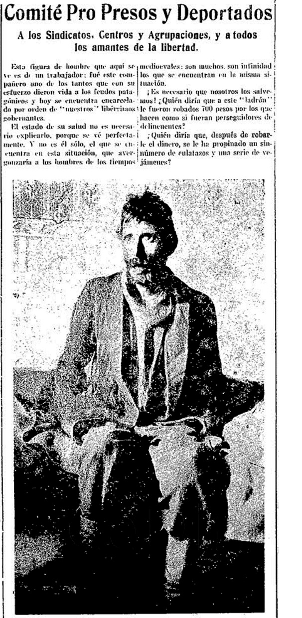 Información e imagen sobre un huelguista preso en Río Gallegos
publicadas por La Protesta el 18 de mayo de 1922