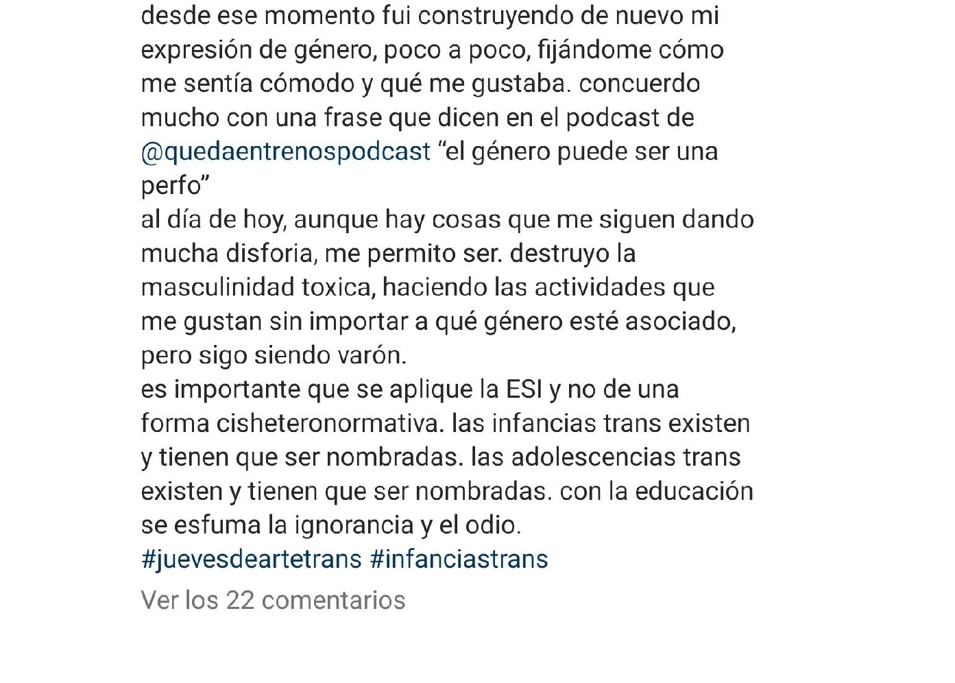Texto publicado por Marcos en su feed de Instagram (el nombre de usuario fue borrado para preservar el anonimato del joven)
