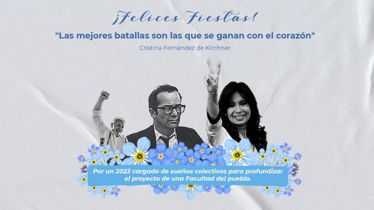 imagen de Cristina Fernández de Kirchner, Lula y Rodolfo Walsh sobre flores No me olvides con mensaje felices fiestas