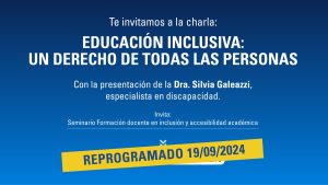 en fondo azul, con letras en blanco, se lee la información precedente. Debajo, un cartel diagonal en fondo amarillo con la inscripción: “Reprogramado 19/09/2024. Debajo, sobre fondo blanco, las firmas institucionales del Profesorado en Comunicación Social, Secretaría Académica, Facultad de Periodismo y Comunicación Social, Universidad Nacional de La Plata.